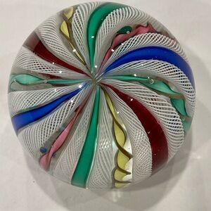 Vtg Murano Zanfirico Art Glass Paperweight Latticino W/Pink, Blue, Green Ribbons